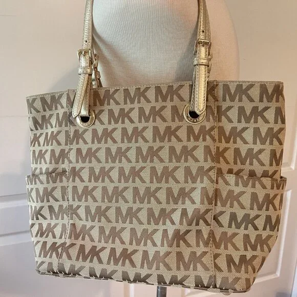 Michael Kors Jet Set Signature Logo Tote Handbag Large Brown Side Pockets - Picture 14 of 16